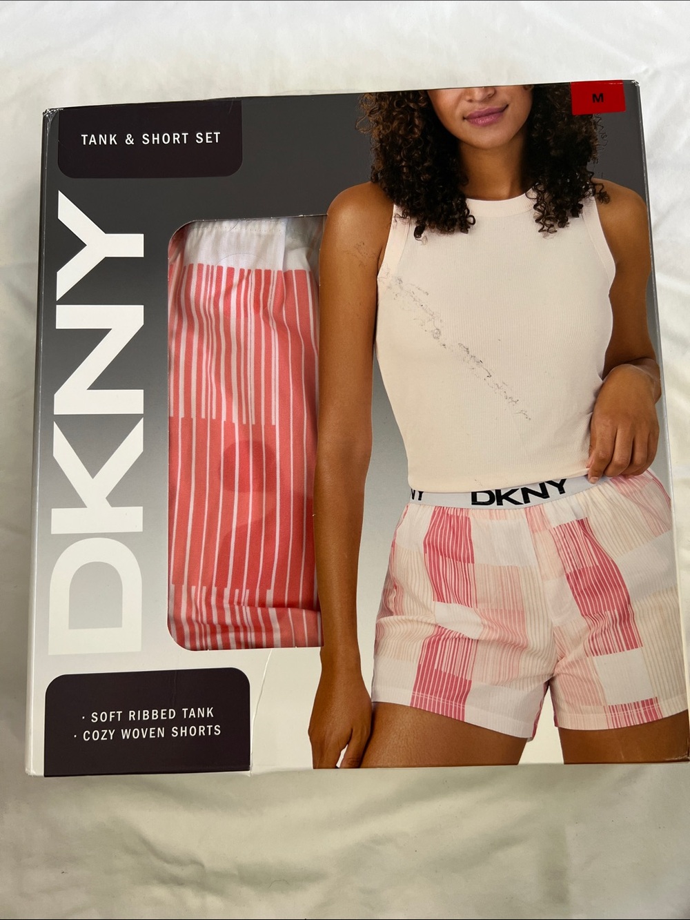 DKNY Cream Ribbed Tank & Pink Stripe Woven Shorts Set #118
